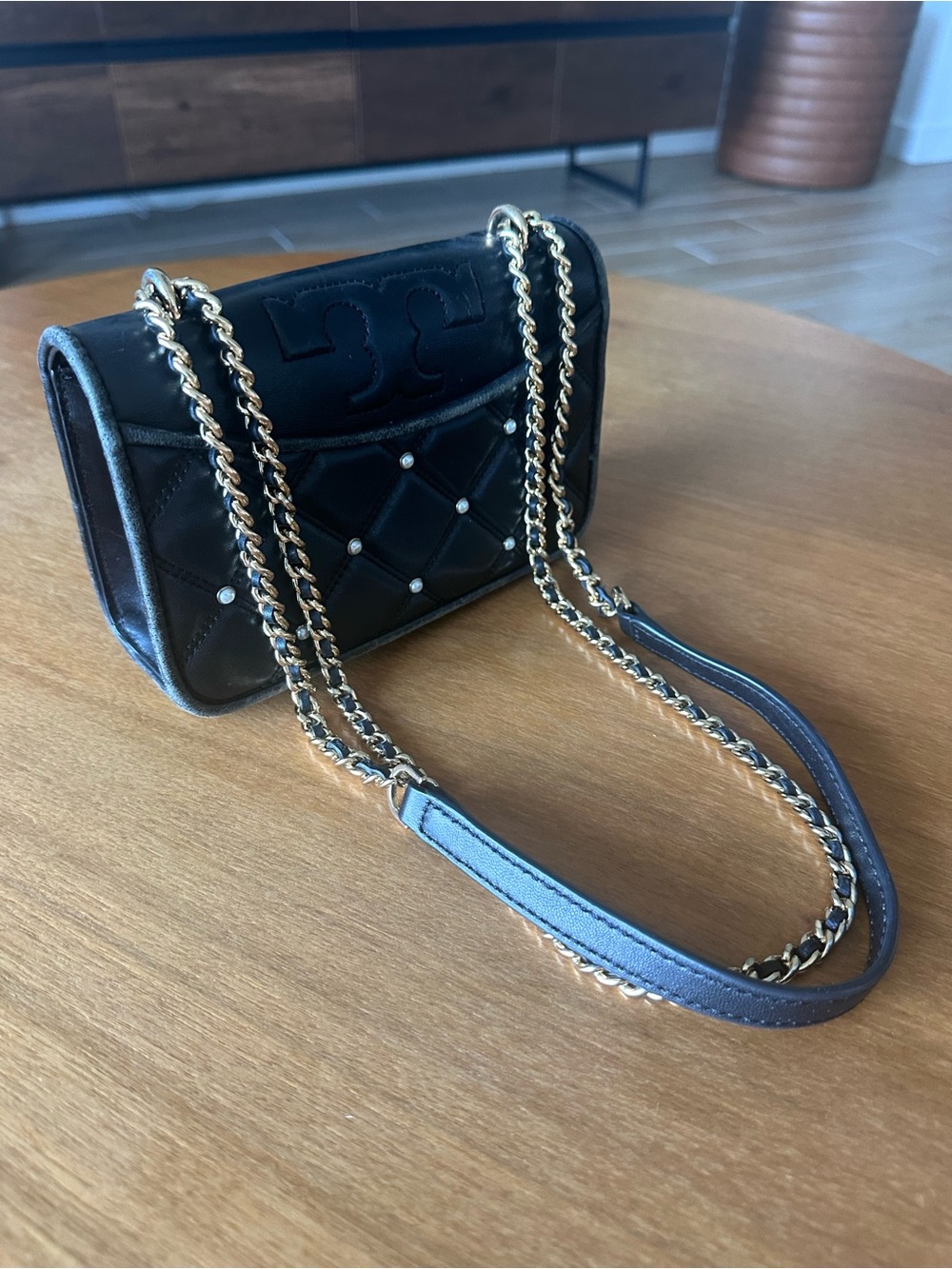 Tory Burch Quilted Black and Pearl Shoulder Bag